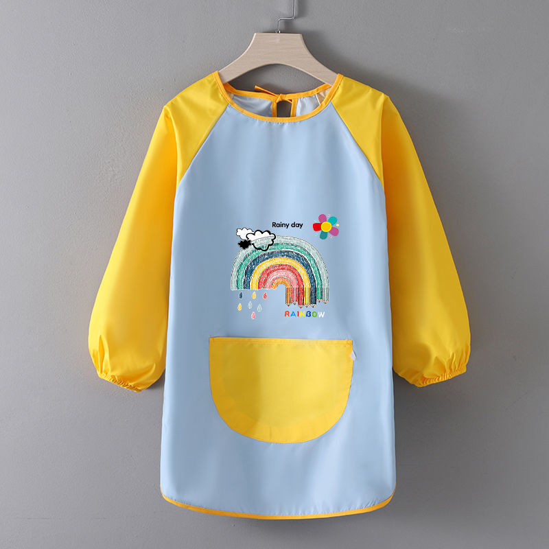 兒童圍裙畫畫衣防水畫畫圍裙兒童畫畫罩衣中大童柔軟防水長款罩衣幼兒園定制印字圍裙反穿衣畫室美術(shù)畫畫衣 墨綠拼黑(泰迪熊) 小號【建議身高80-105CM】